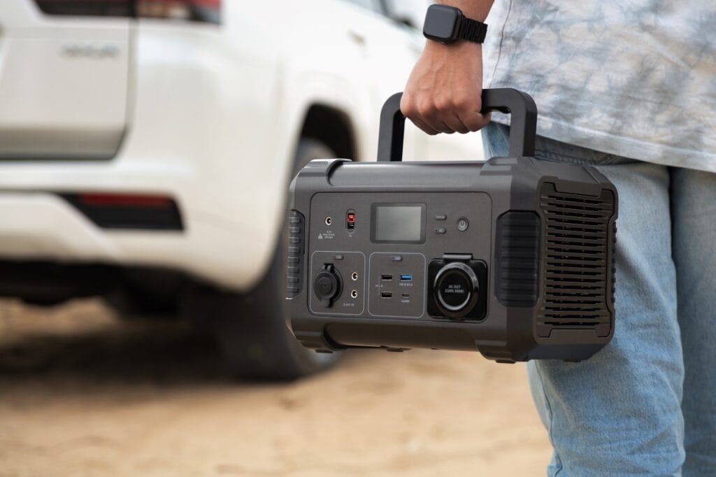 Generator portabil – soluția ideală pentru mobilitate și eficiență Generator portabil compact ținut de o persoană, cu mașină parcată în fundal, ideal pentru camping și pene de curent.