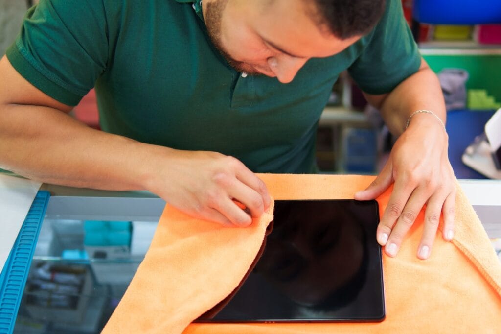 Aplicare folie de protecție pe tabletă fără bule – pas esențial Bărbat curăță ecranul tabletei cu o lavetă din microfibră, pregătind aplicarea foliei de protecție