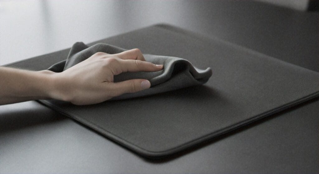 Curățarea mousepad-ului de gaming: pași esențiali Mână care curăță un mousepad de gaming cu o lavetă moale pe o suprafață închisă la culoare