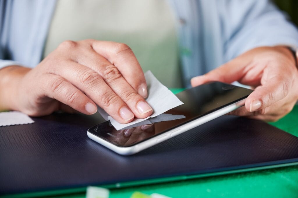 Cum să aplici corect o folie de protecție pe telefon – ghid pas cu pa Persoană curățând ecranul telefonului înainte de aplicarea foliei de protecție