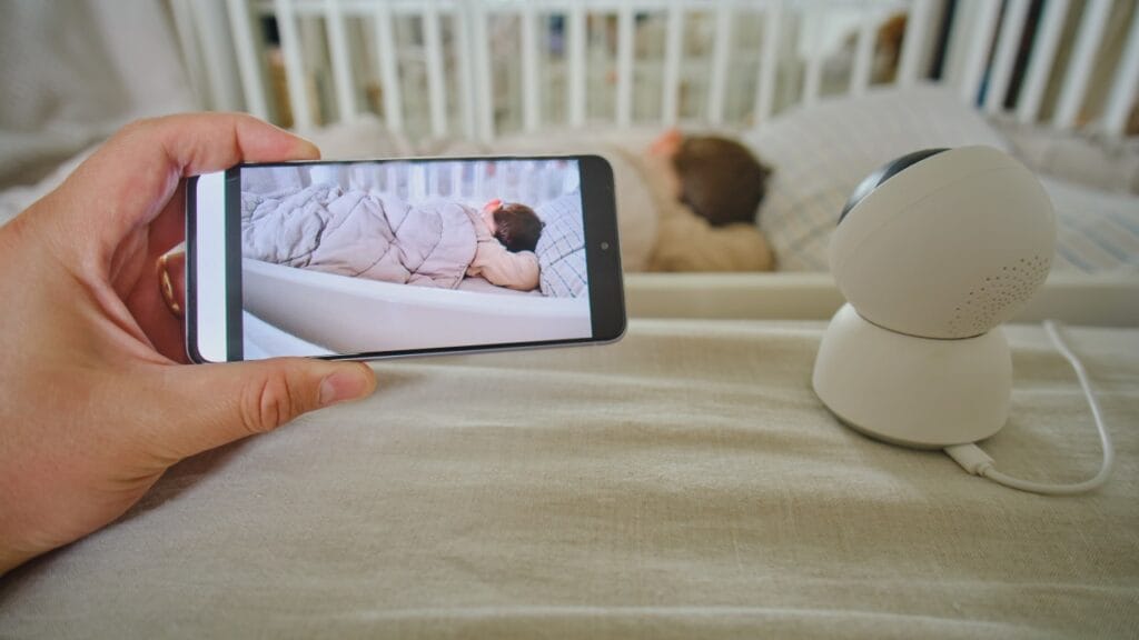 Baby monitor cu funcție de urmărire în timp real – control deplin din telefon Baby monitor cu funcție de rotație și auto-tracking, imagine live a copilului monitorizată pe telefon mobil
