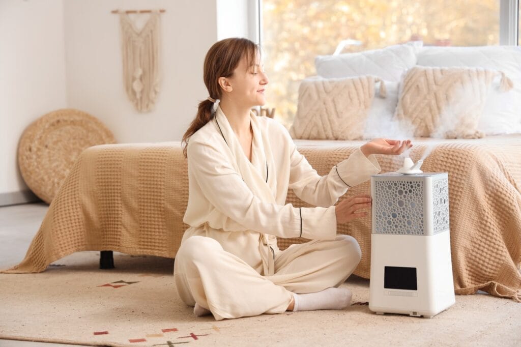 Respiră mai bine și dormi mai liniștit cu ajutorul aromaterapiei Femeie atingând aburul emis de un umidificator aromaterapeutic, într-o cameră cu decor neutru și relaxant