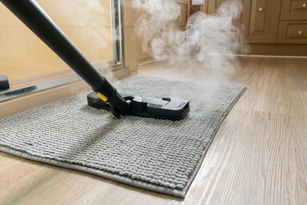 Curățenie fără efort: Tehnologia cu aburi înlocuiește mopul tradițional Curățenie cu mop cu aburi pe covoraș textil într-o baie modernă