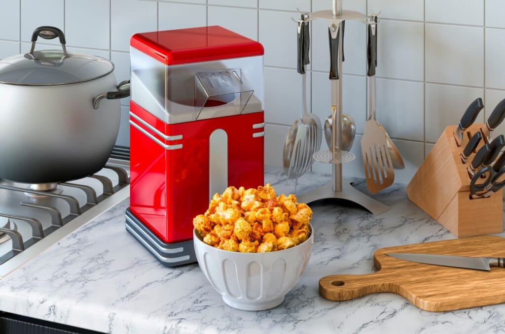 Bol cu popcorn caramelizat lângă aparat de făcut popcorn cu aer cald, în bucătărie modernă