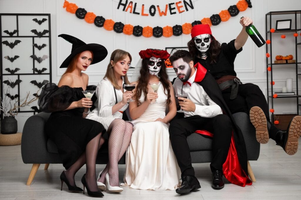 Inspirație pentru cadre memorabile la petrecerea de Halloween Poze de grup cu costume de Halloween pentru adulți, inspirație pentru Instagram