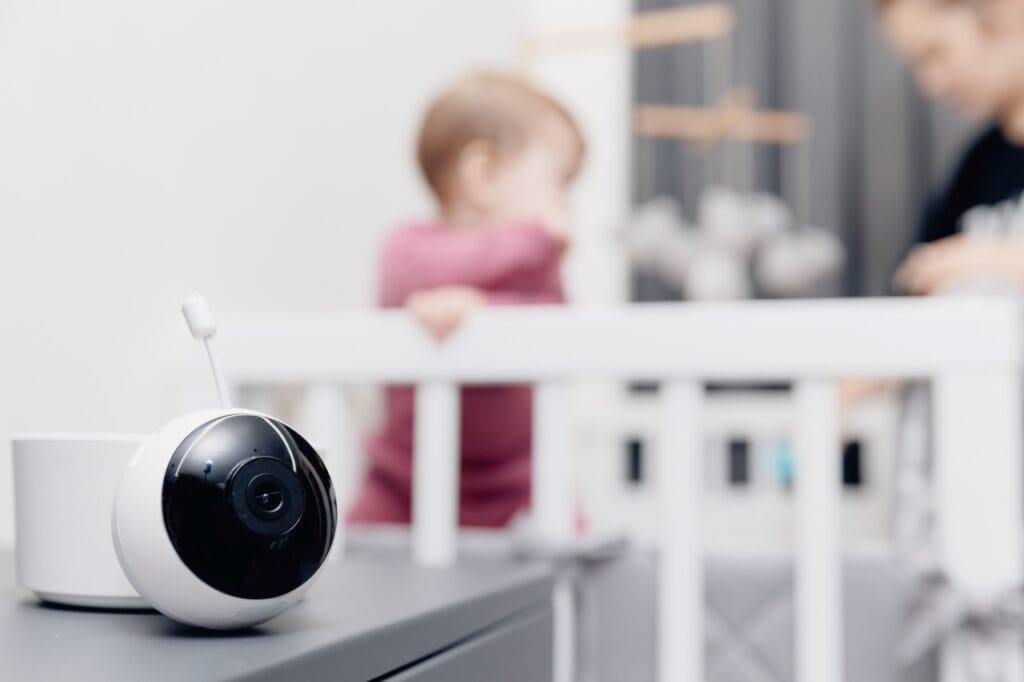 Monitor portabil sau sistem fix: ce alegi pentru camera bebelușului? baby monitor portabil pe mobilier lângă pătuț, alegere între sistem portabil și fix pentru supravegherea copilului
