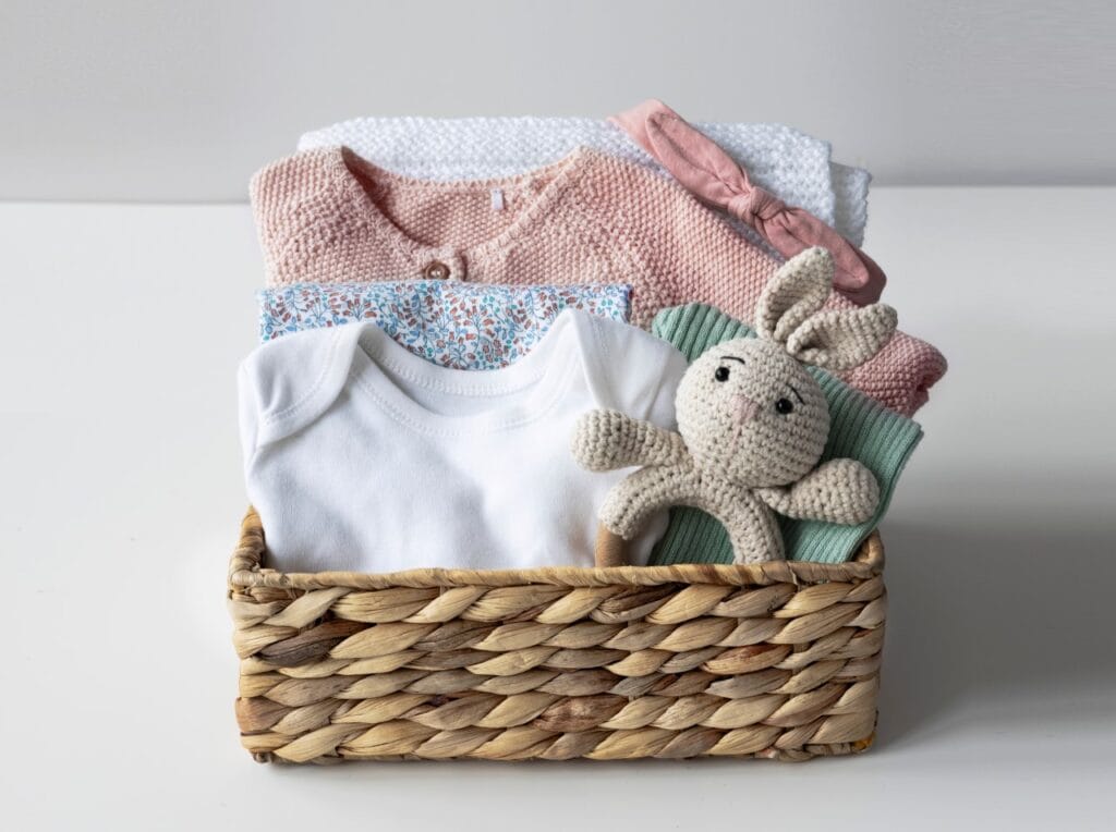 Coș cu body, salopetă, păturică și jucărie din materiale organice pentru bebeluși, accent pe bumbacul organic și protecția pielii sensibile