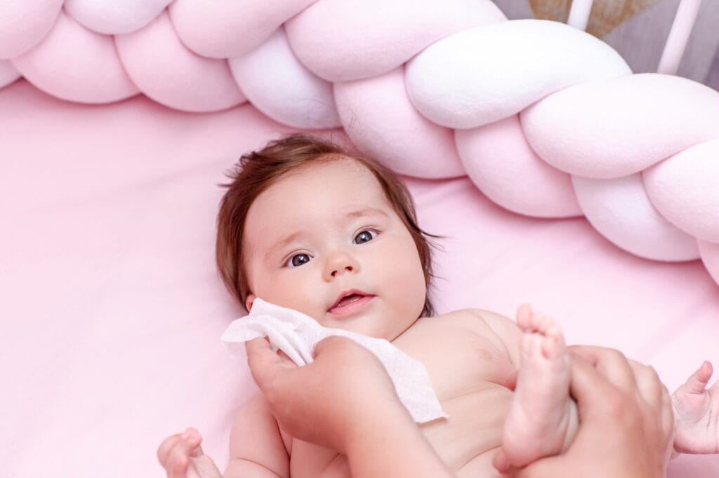 bebeluș curățat pe față cu șervețel umed fără alcool, igienă delicată pentru copii mici