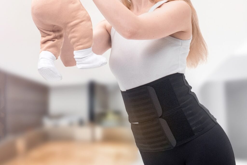 Mamă cu centură postnatală în timpul activităților zilnice Centură postnatală purtată de mamă în perioada de recuperare după naștere, în timp ce ține bebelușul