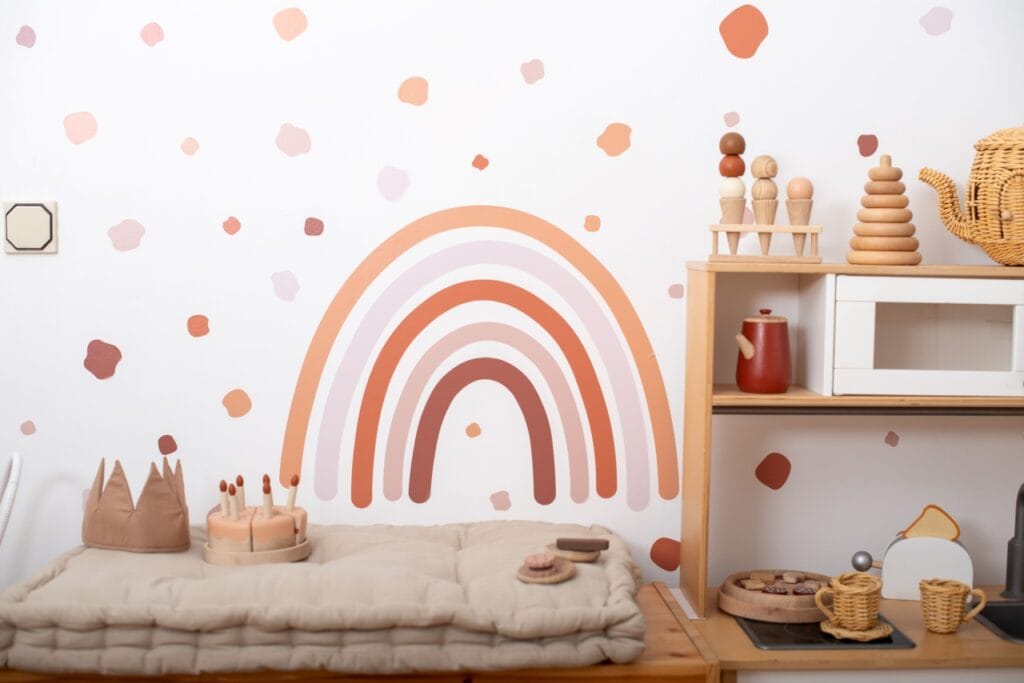 decor camera copii curcubeu stickere sezoniere accente calde toamnă perete design modern