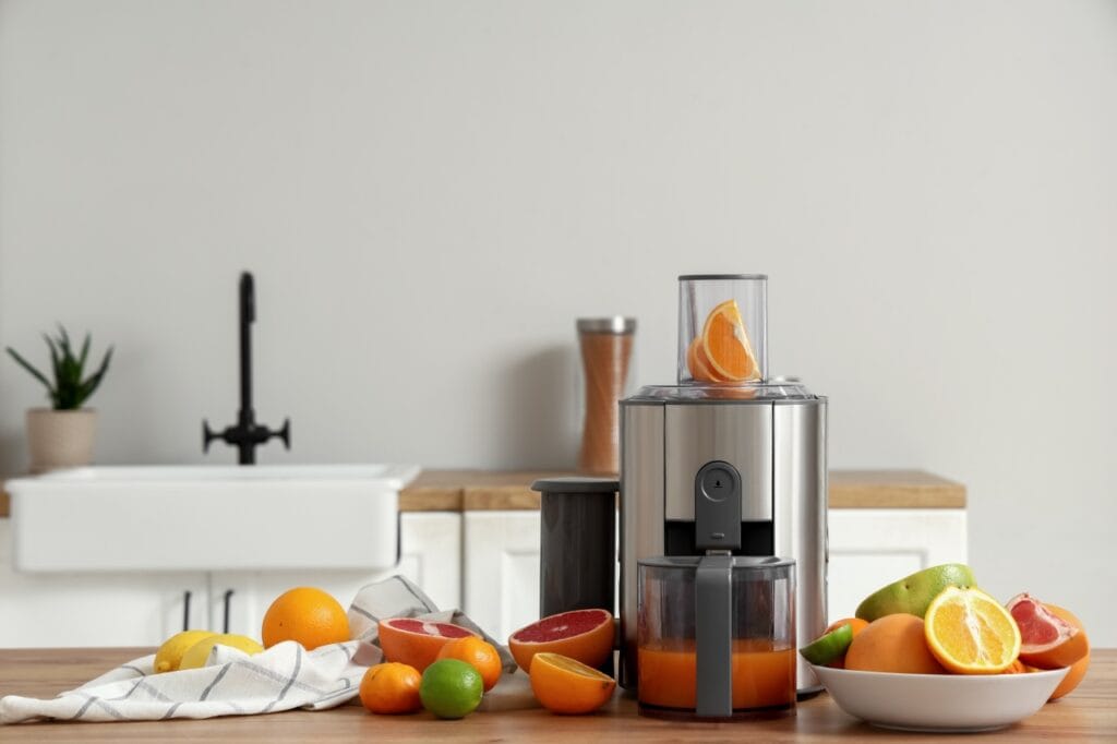 storcător electric premium cu fructe variate pe masă, pregătite pentru stoarcere